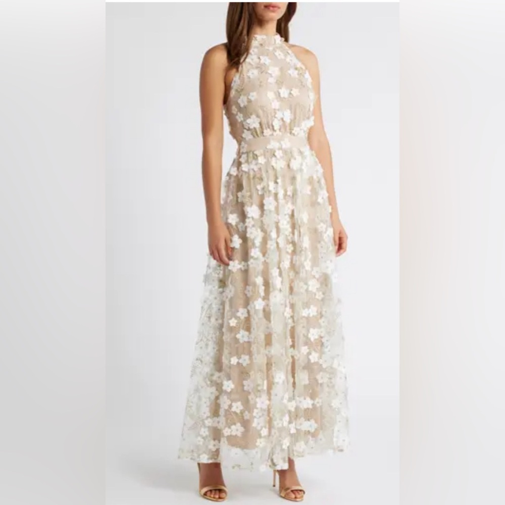 Chelsea28 Beige Maxi Dress with White Floral Appliqués